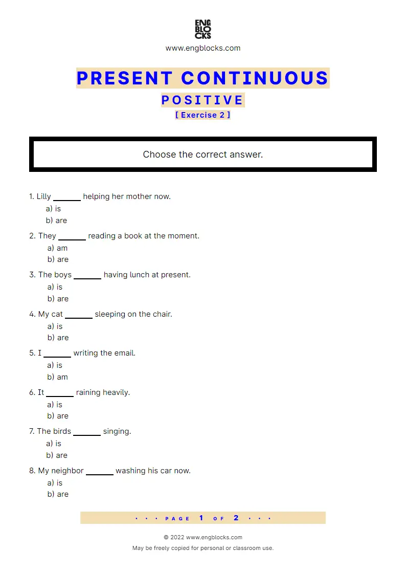 Grammar Worksheet: Present Continuous — Positive — Exercise 2