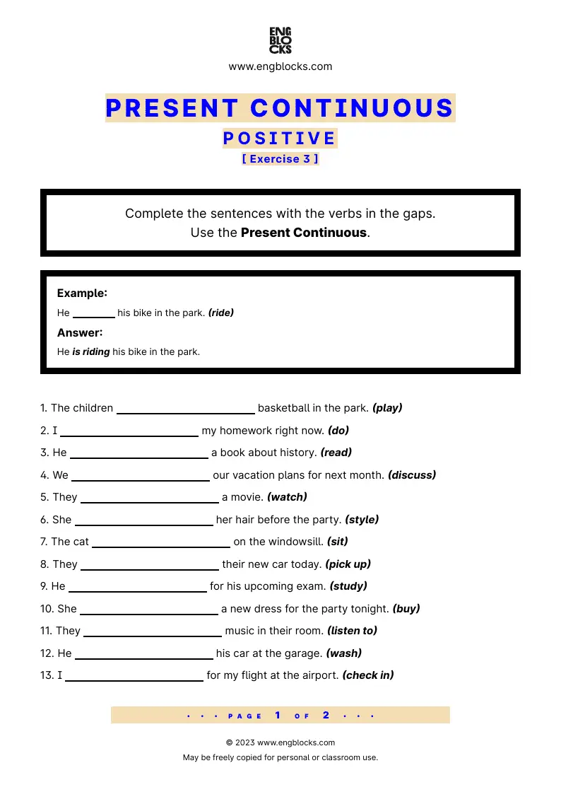 Grammar Worksheet: Present Continuous — Positive — Exercise 3