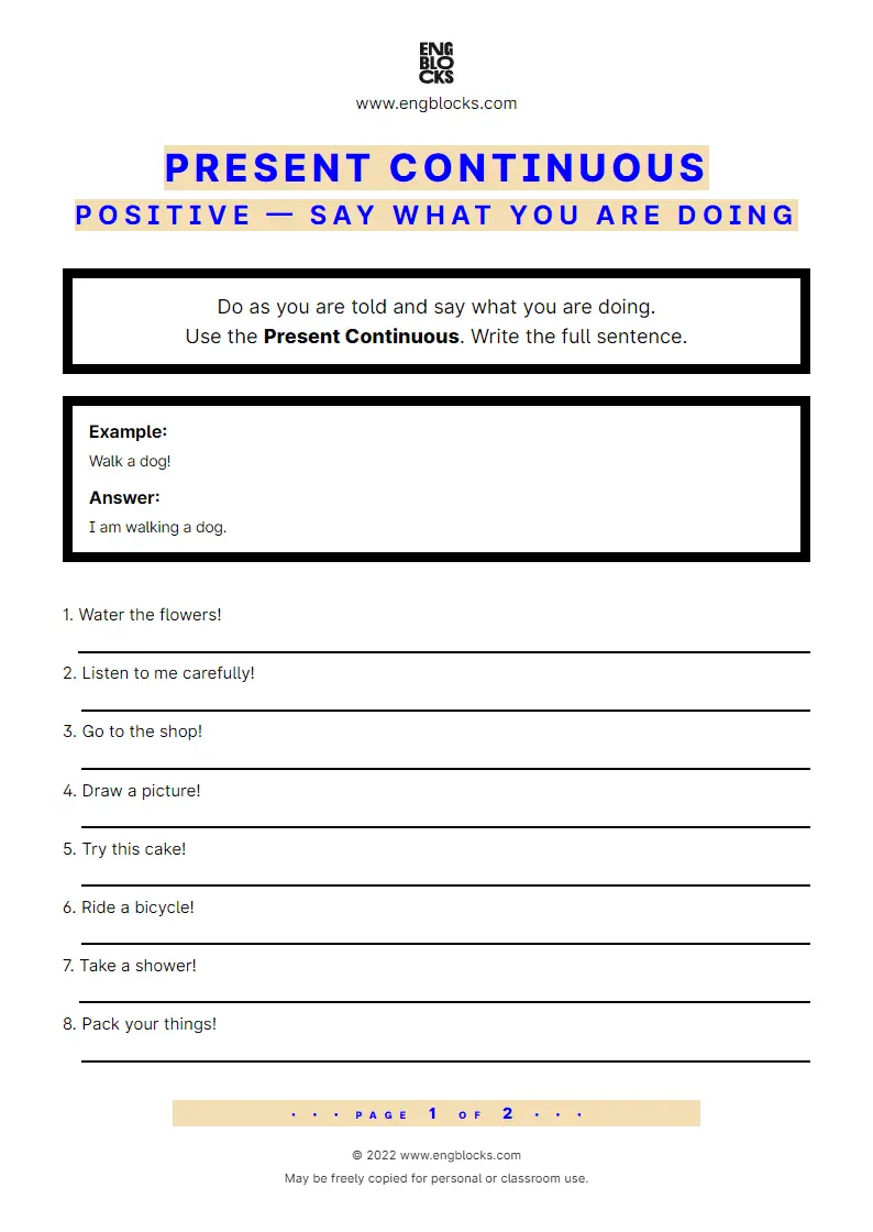 Grammar Worksheet: Present Continuous — Positive — Say what you are doing