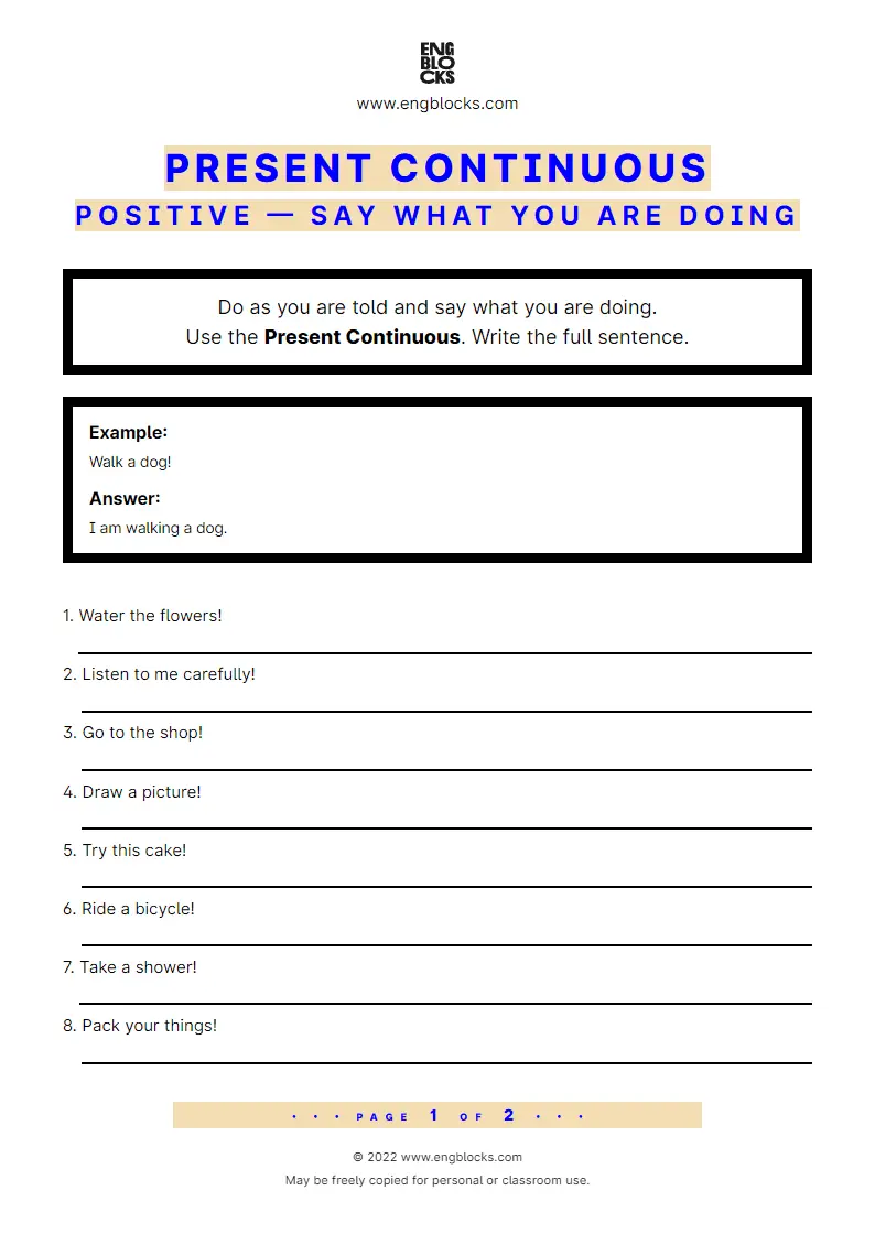 Grammar Worksheet: Present Continuous — Positive — Say what you are doing