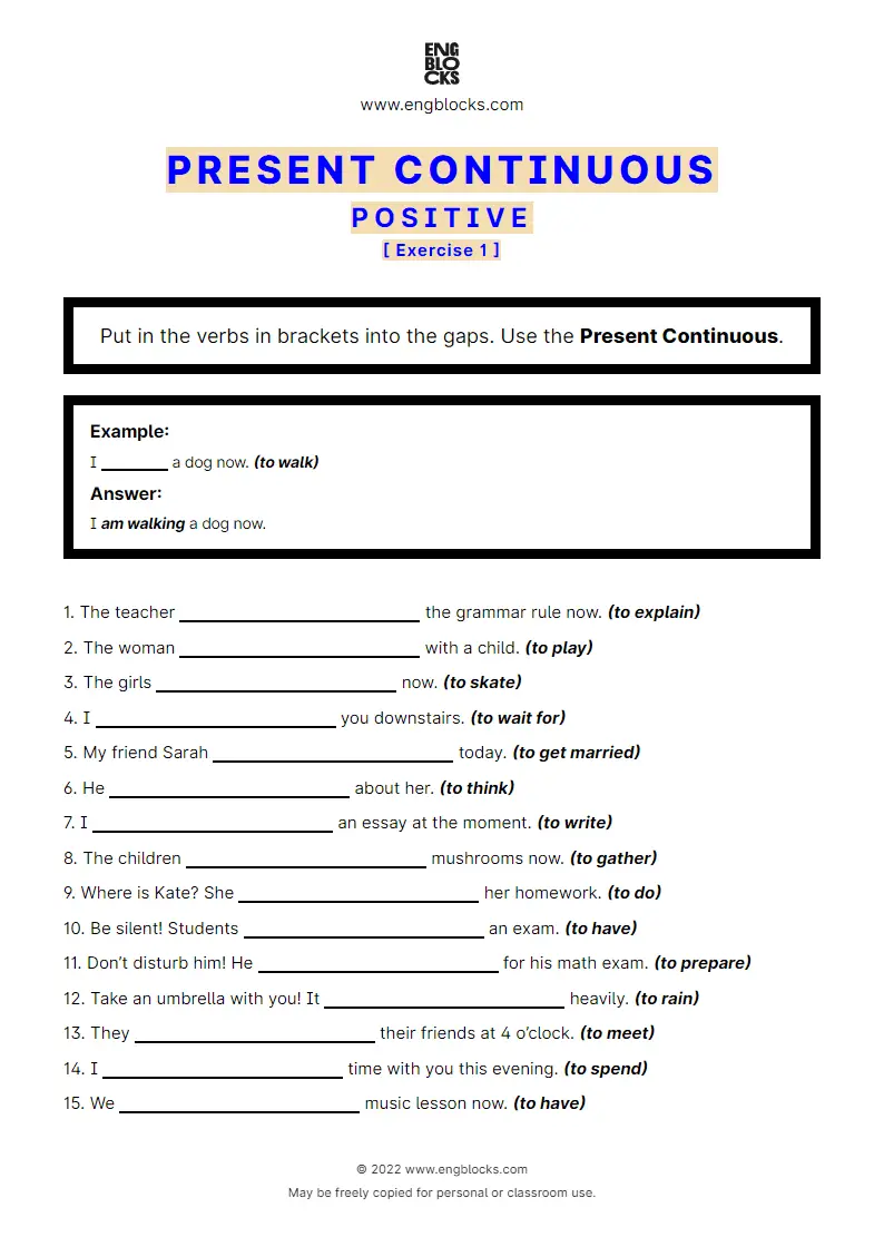 Grammar Worksheet: Present Continuous — Positive