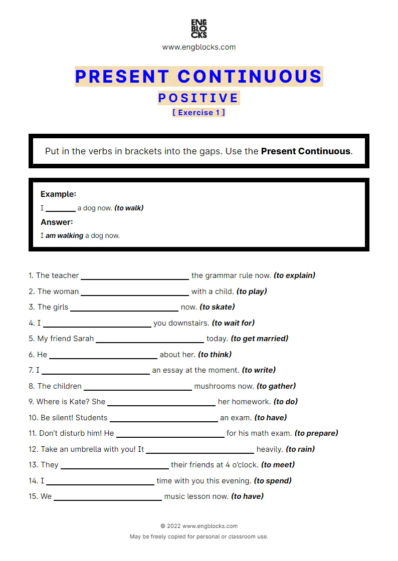 Grammar Worksheet: Present Continuous — Positive