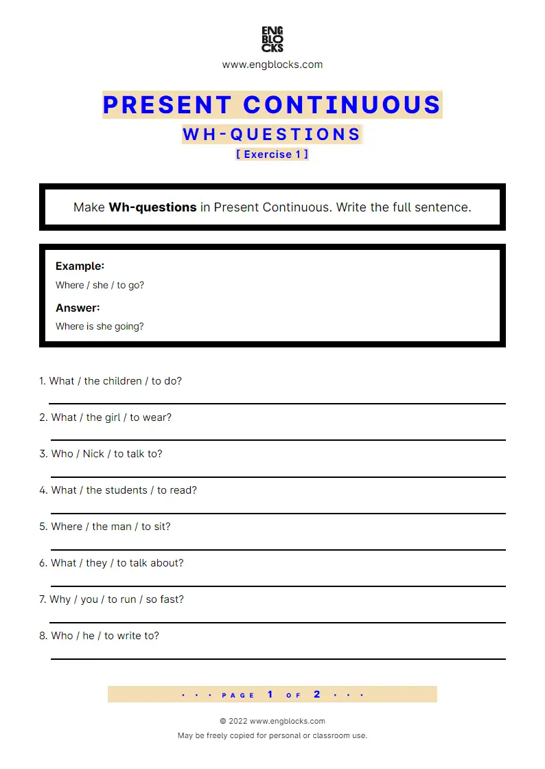 Grammar Worksheet: Present Continuous — Wh-question — Exercise 1