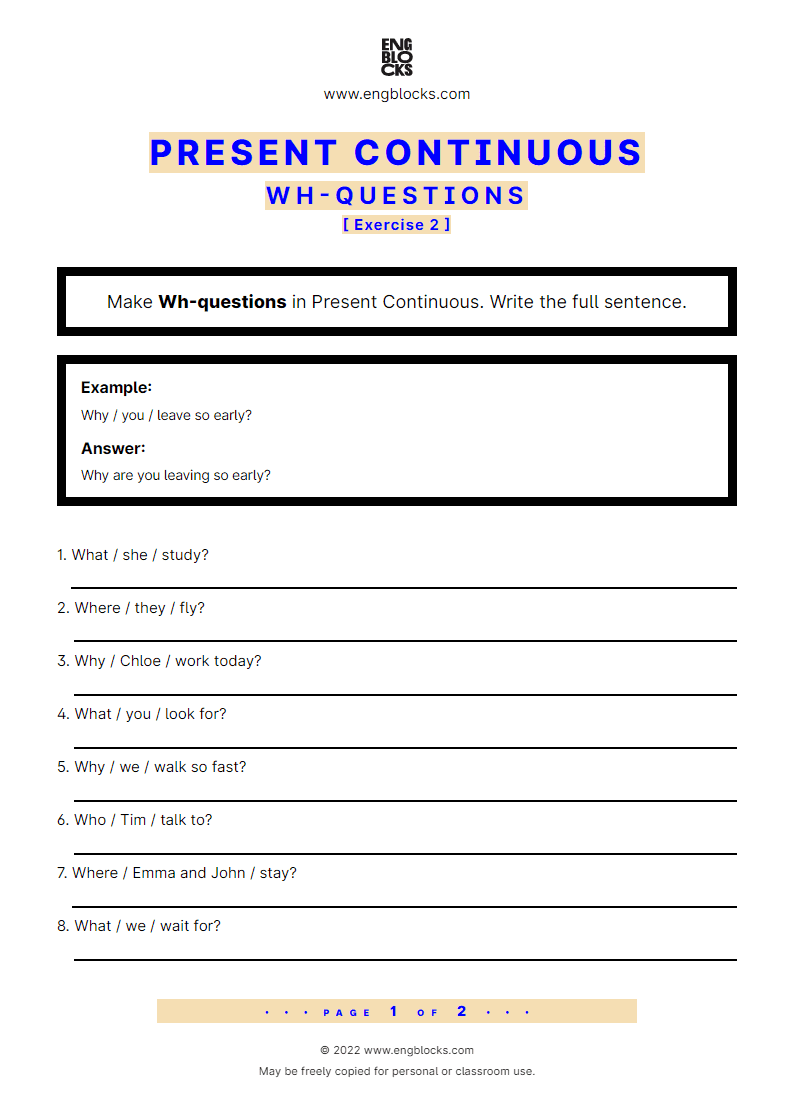 Grammar Worksheet: Present Continuous — Wh-question — Exercise 2