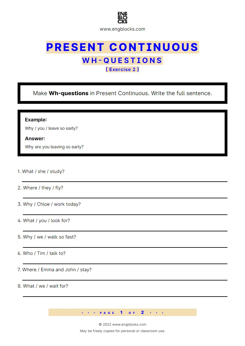 Grammar Worksheet: Present Continuous — Wh-question — Exercise 2