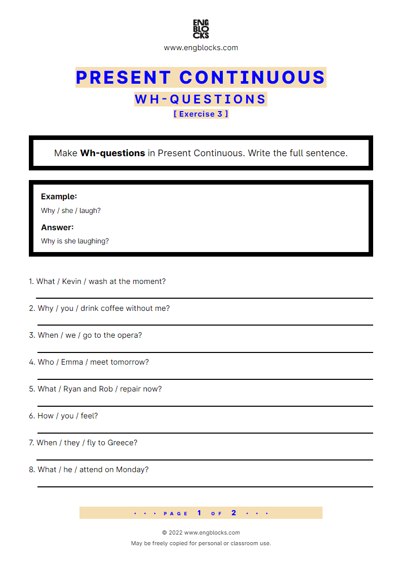 Grammar Worksheet: Present Continuous — Wh-question — Exercise 3