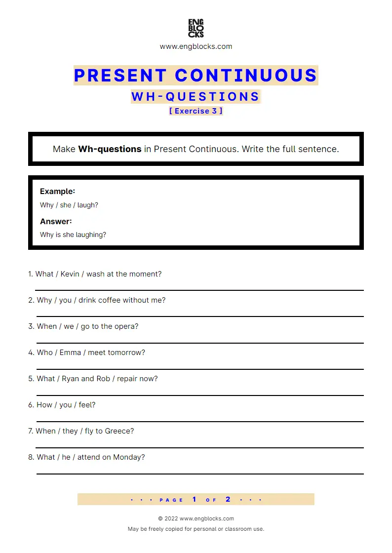 present continuous wh question exercise 3 worksheet english grammar