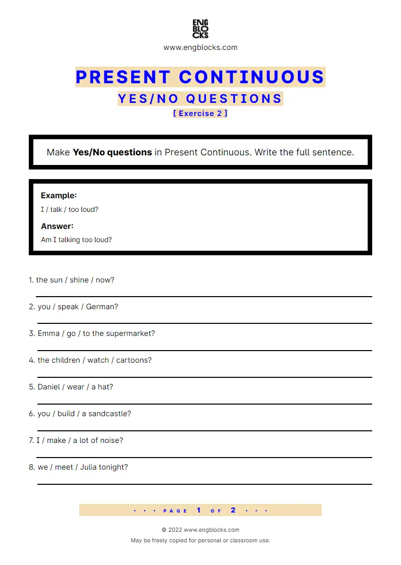 Grammar Worksheet: Present Continuous — Yes/‌No question — Exercise 2