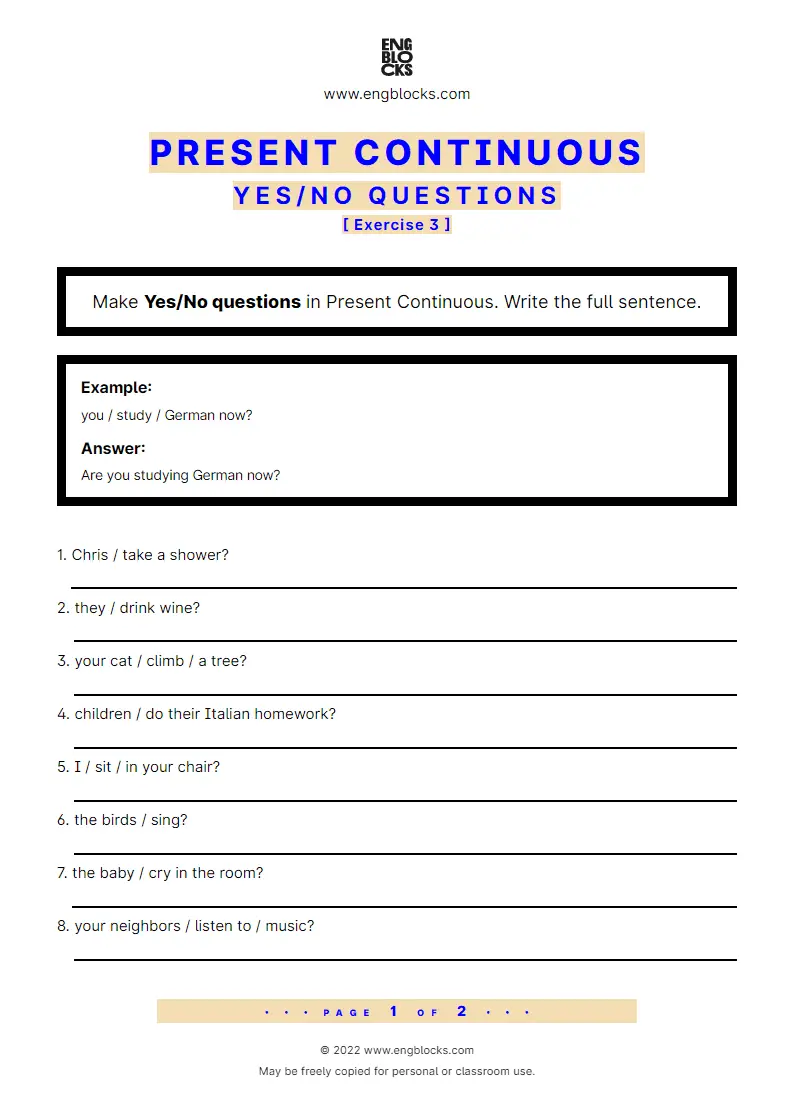 Grammar Worksheet: Present Continuous — Yes/‌No question — Exercise 3