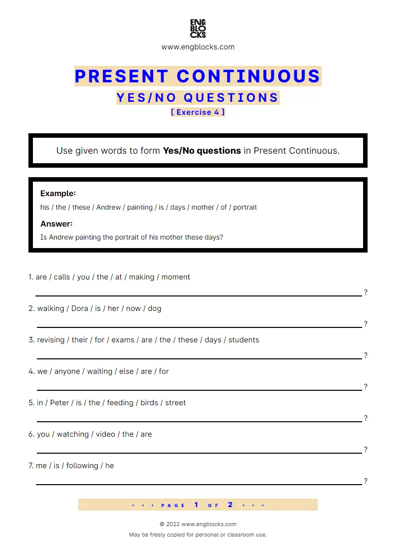 Grammar Worksheet: Present Continuous — Yes/‌No question — Exercise 4