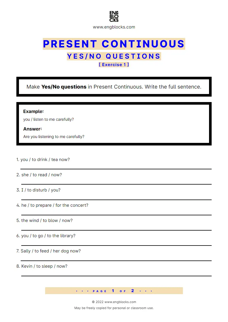 Grammar Worksheet: Present Continuous — Yes/‌No question