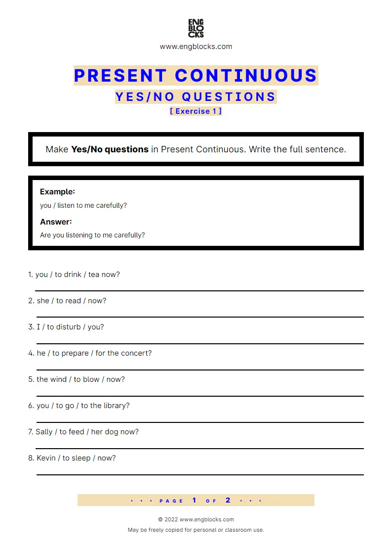 Grammar Worksheet: Present Continuous — Yes/‌No question