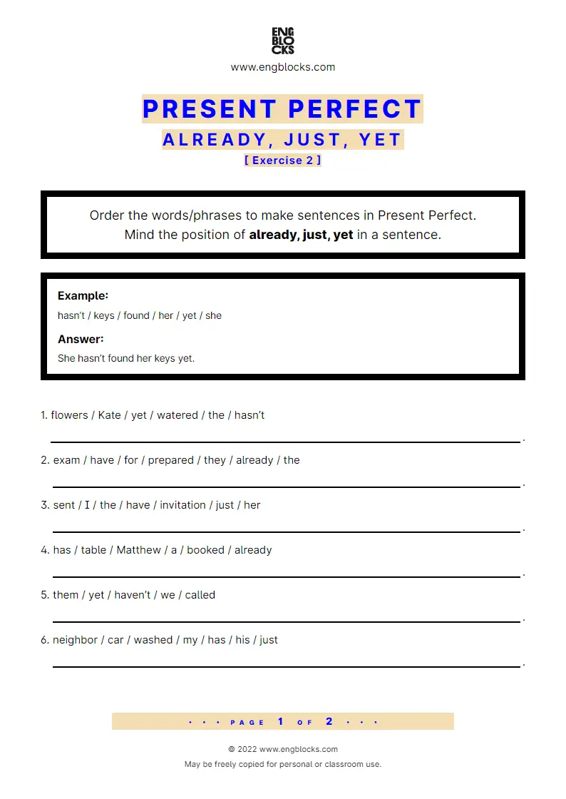 Grammar Worksheet: Present Perfect — already, just, yet — Exercise 2