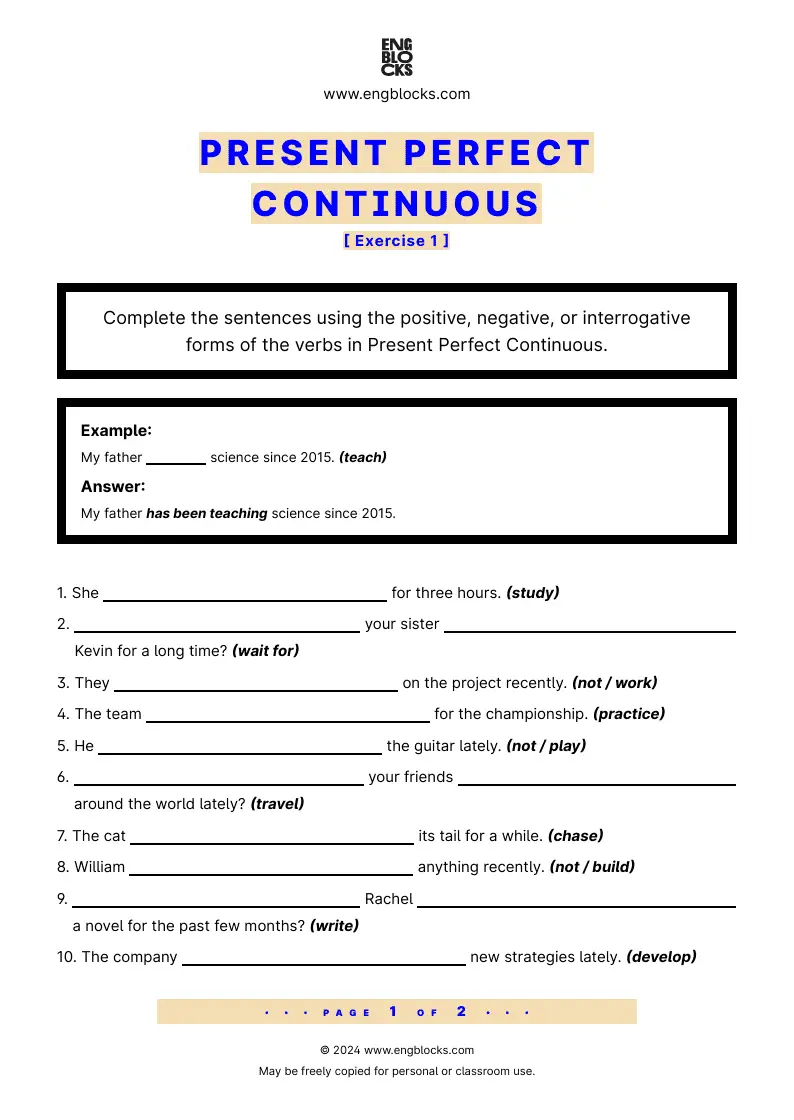Grammar Worksheet: Present Perfect Continuous — Exercise 1