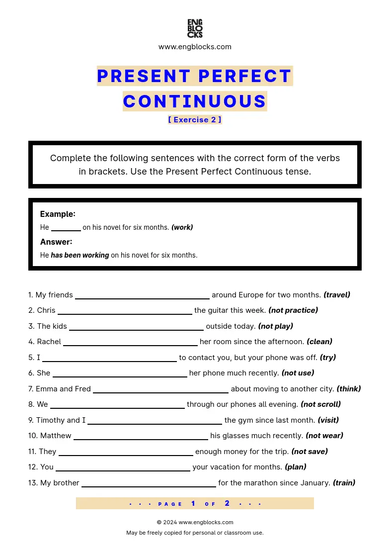 Grammar Worksheet: Present Perfect Continuous — Exercise 2