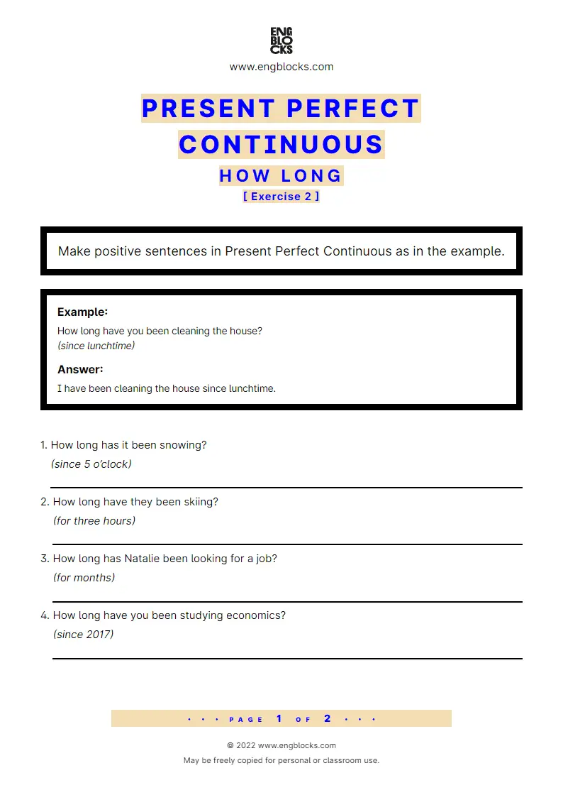 Grammar Worksheet: Present Perfect Continuous — How long — Exercise 2