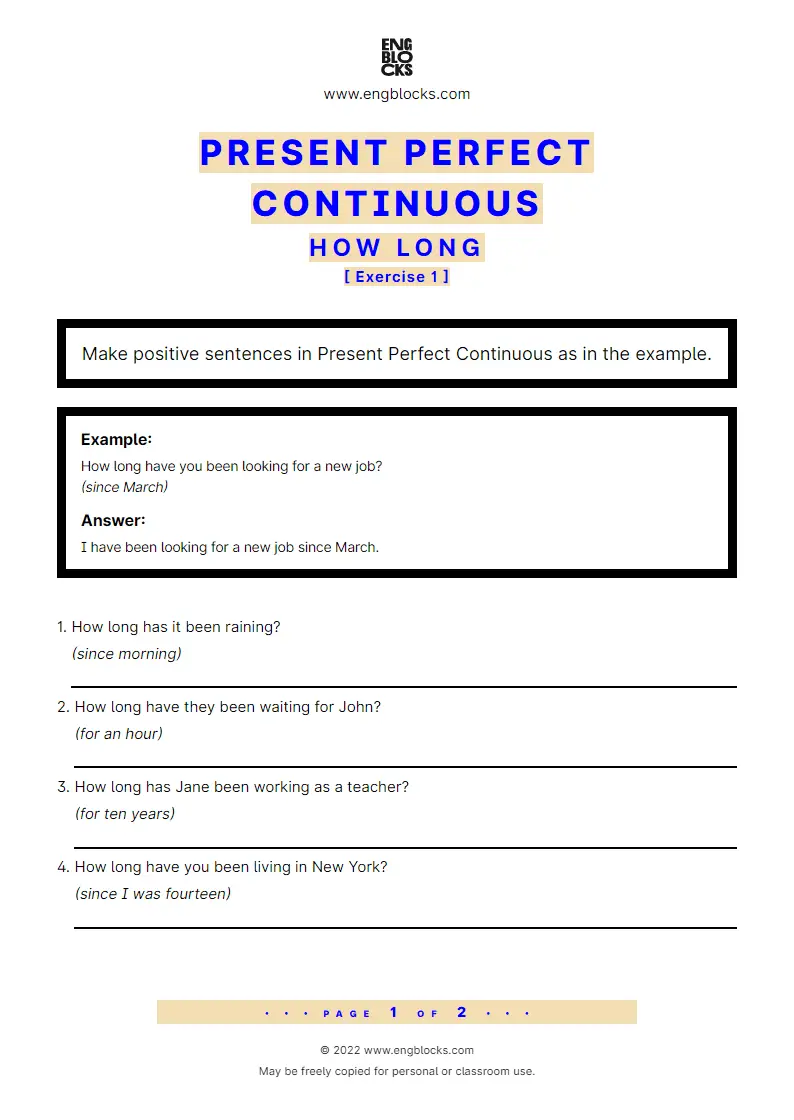 Grammar Worksheet: Present Perfect Continuous — How long