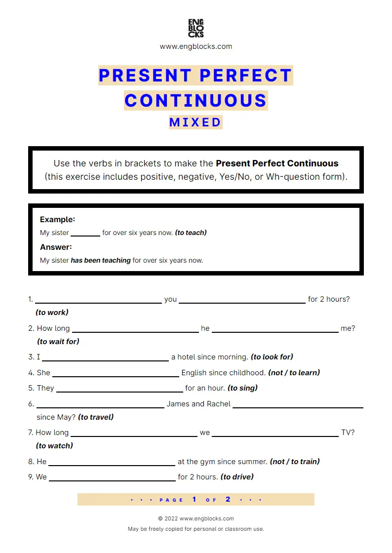 Grammar Worksheet: Present Perfect Continuous — Mixed