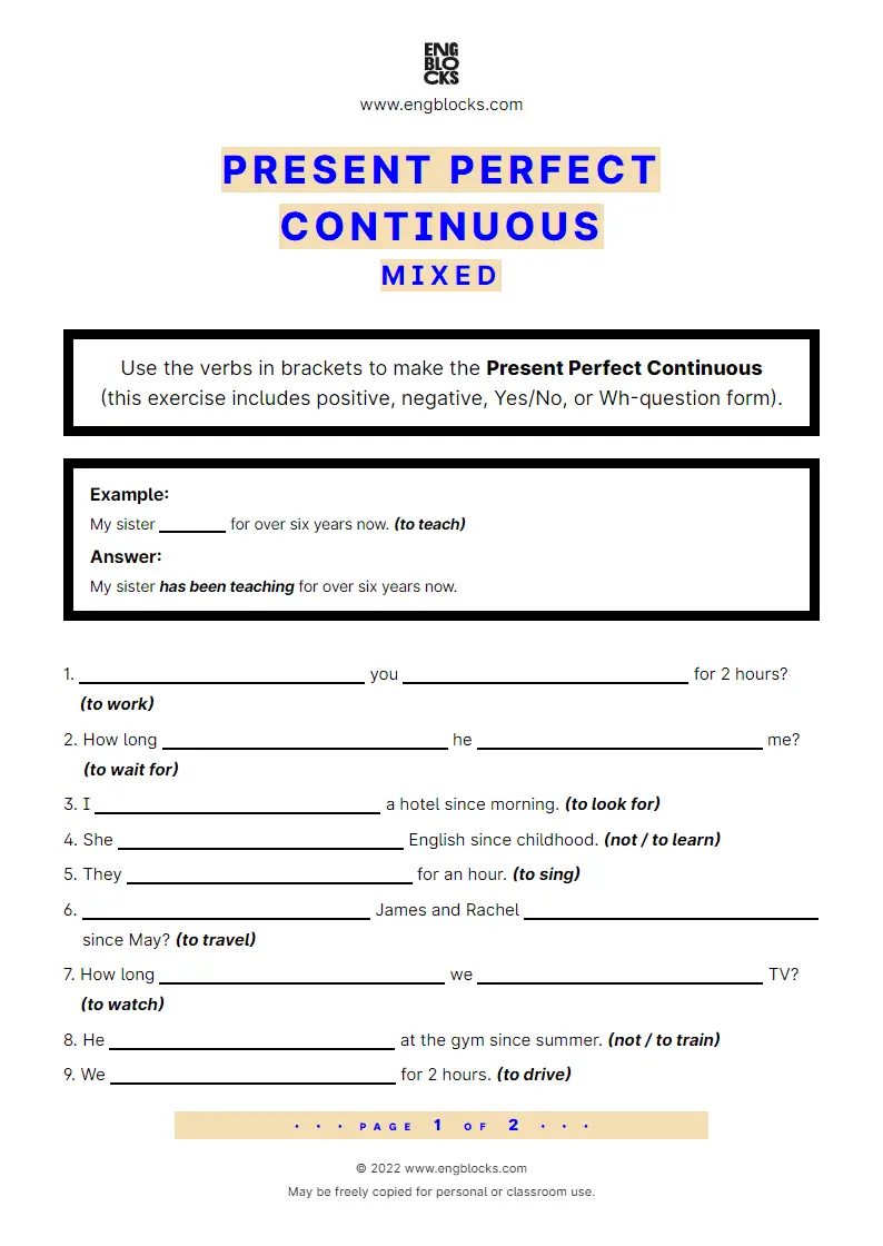 Grammar Worksheet: Present Perfect Continuous — Mixed