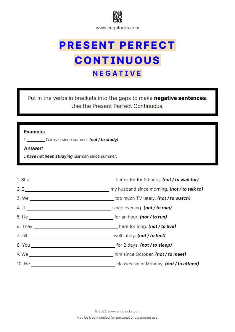 Present Perfect Continuous - Negative - Worksheet | English Grammar