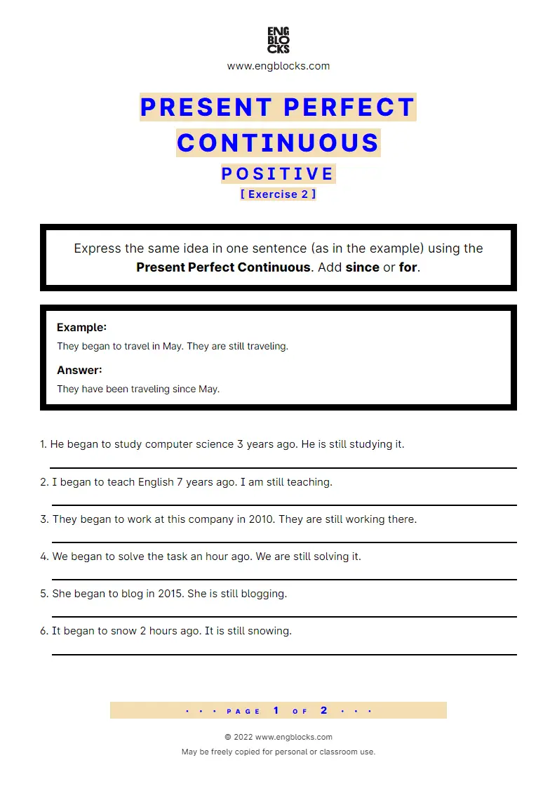 Grammar Worksheet: Present Perfect Continuous — Positive — Exercise 2