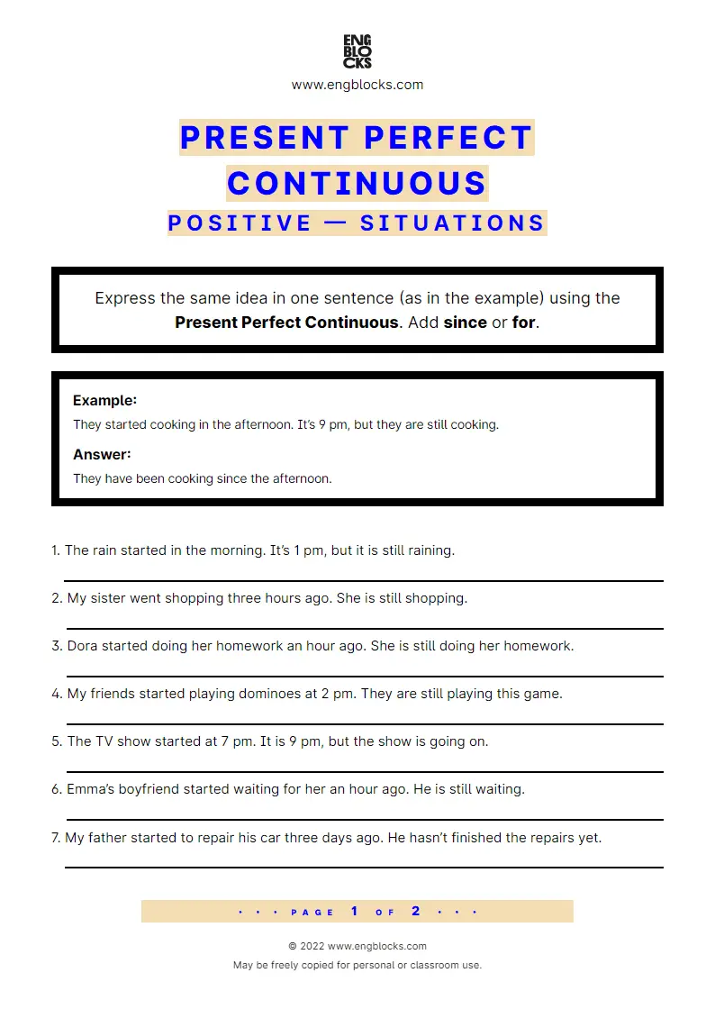 Grammar Worksheet: Present Perfect Continuous — Situations