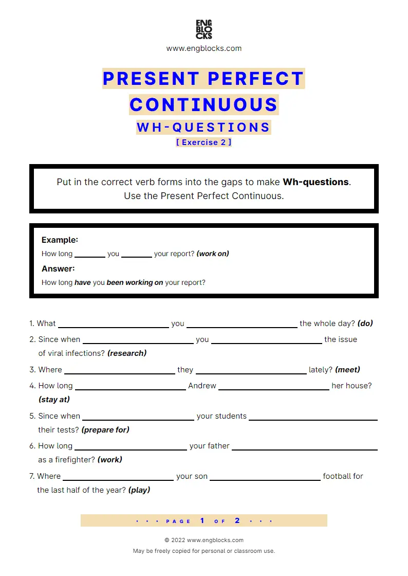 Grammar Worksheet: Present Perfect Continuous — Wh-question — Exercise 2