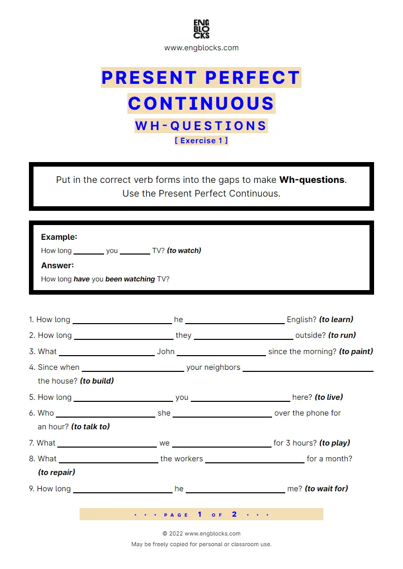 Grammar Worksheet: Present Perfect Continuous — Wh-question