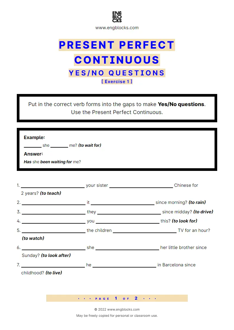 Grammar Worksheet: Present Perfect Continuous — Yes/‌No question