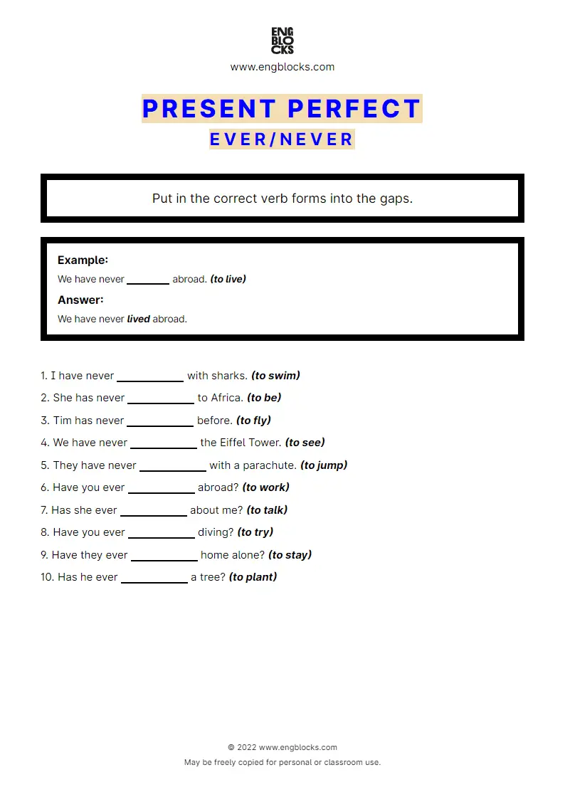 Grammar Worksheet: Present Perfect — ever/‌never