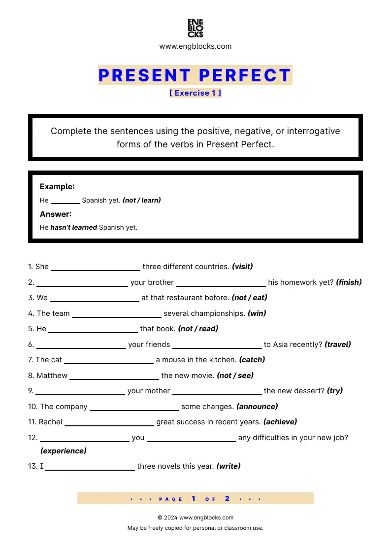 Grammar Worksheet: Present Perfect — Exercise 1