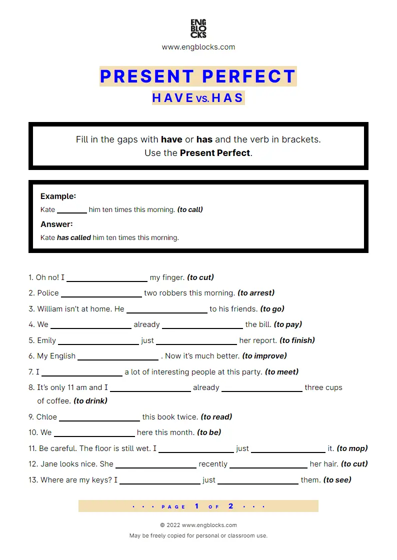 Grammar Worksheet: Present Perfect — have vs. has