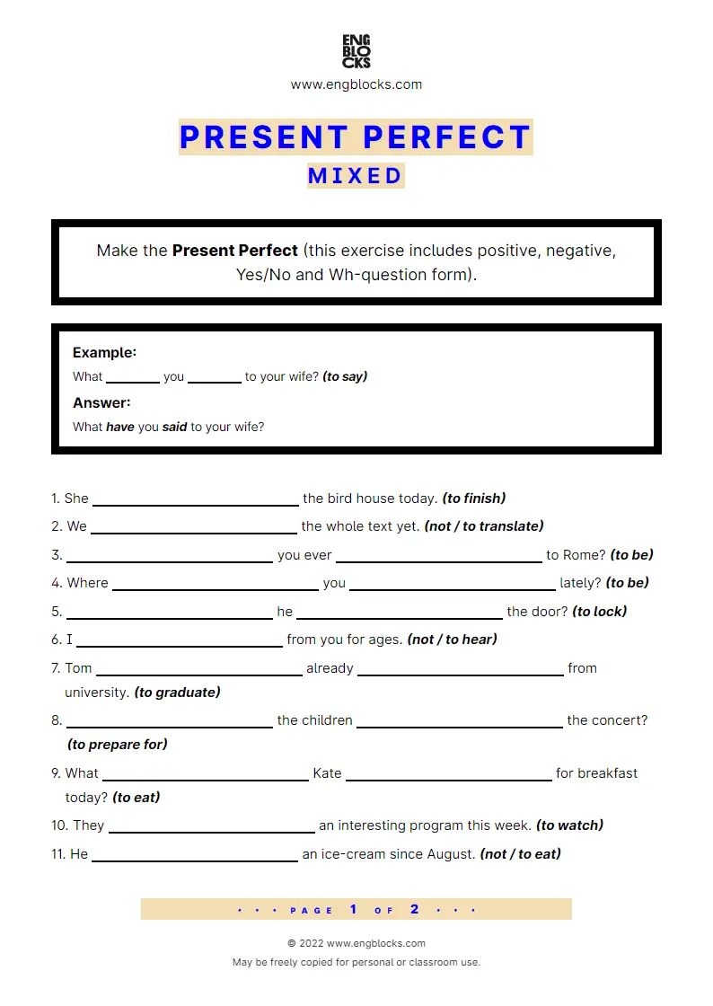 Grammar Worksheet: Present Perfect — Mixed