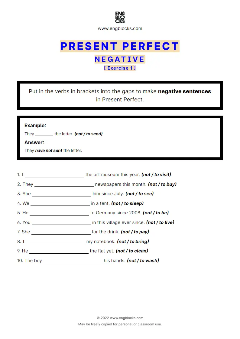 Grammar Worksheet: Present Perfect — Negative — Exercise 1