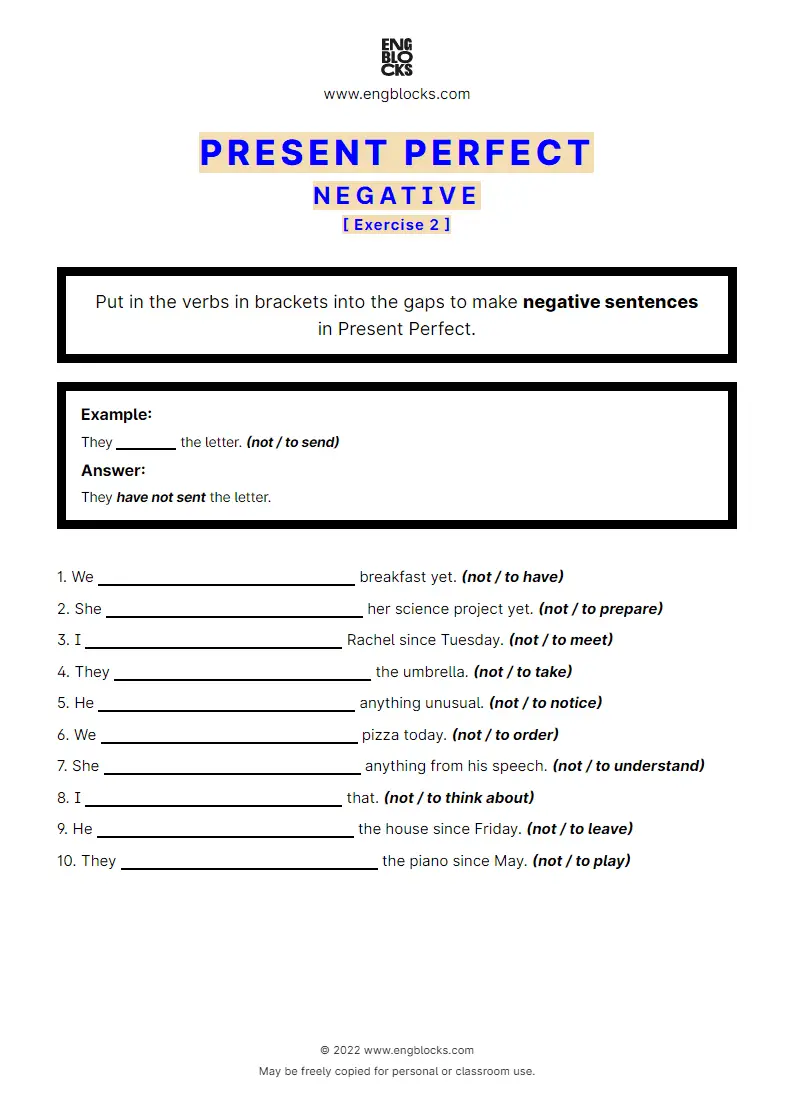 Grammar Worksheet: Present Perfect — Negative — Exercise 2