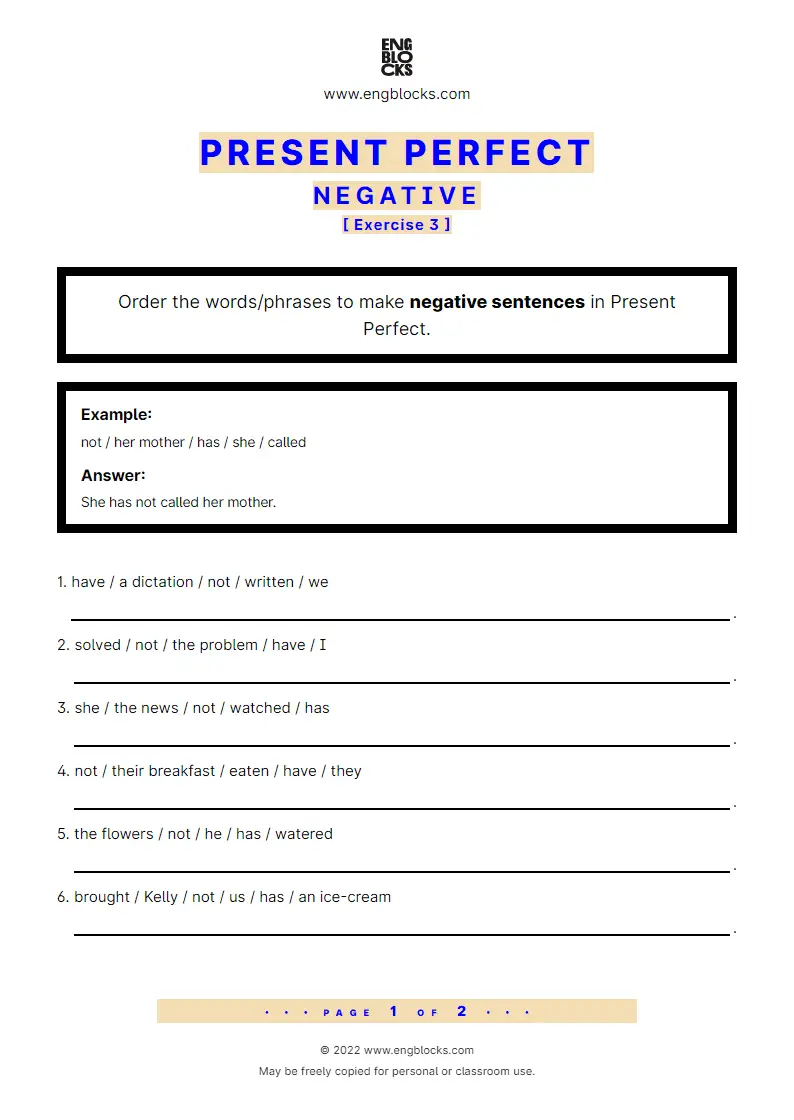 Grammar Worksheet: Present Perfect — Negative — Exercise 3