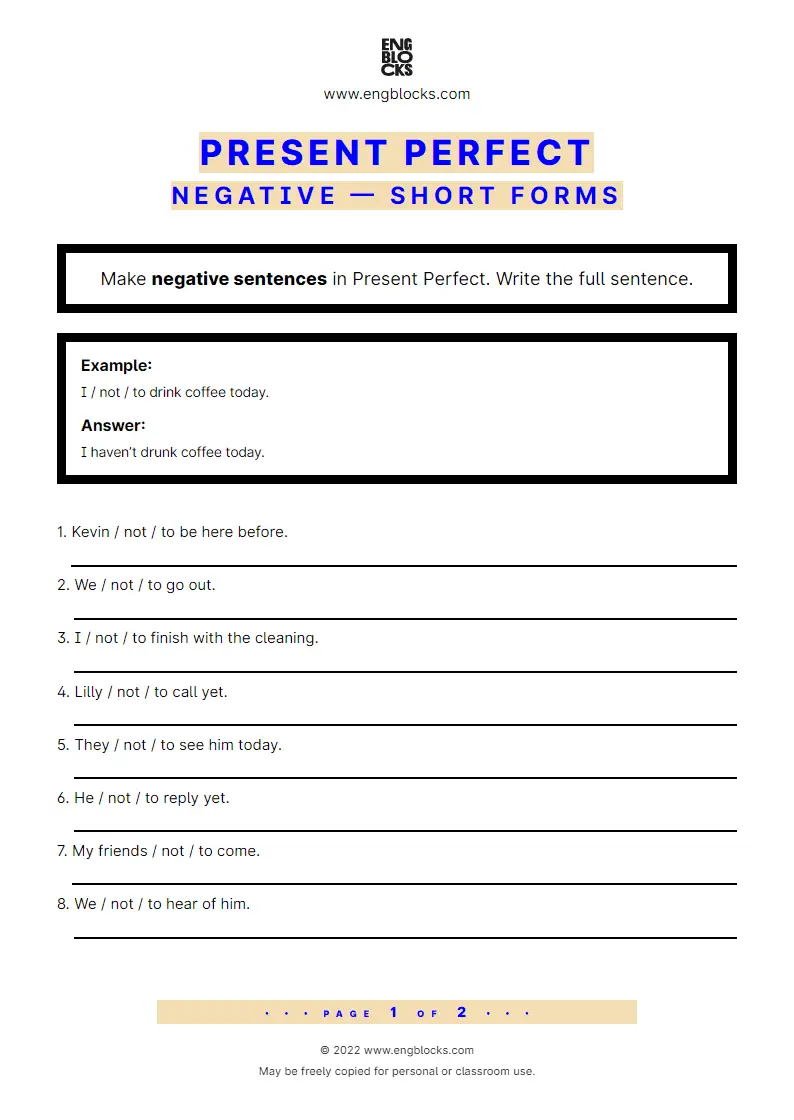 Grammar Worksheet: Present Perfect — Negative — Short forms