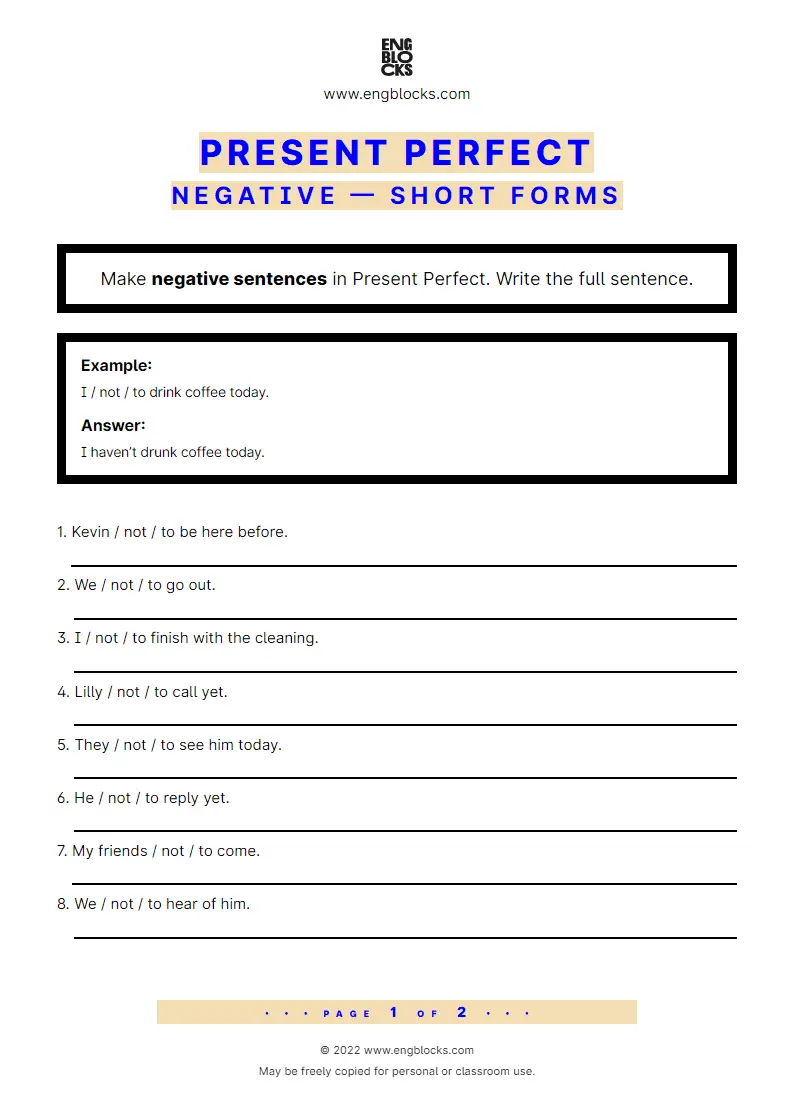 Grammar Worksheet: Present Perfect — Negative — Short forms