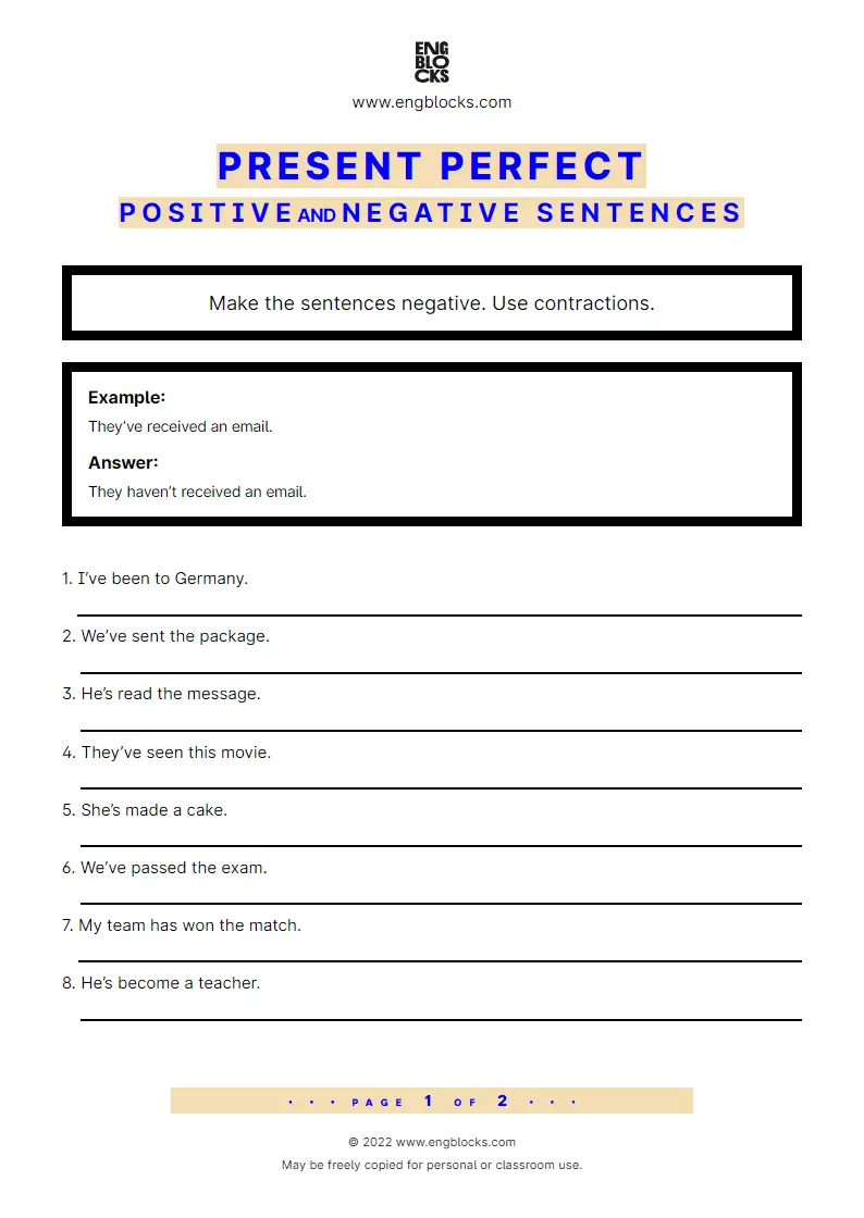 Grammar Worksheet: Present Perfect — Positive and negative sentences