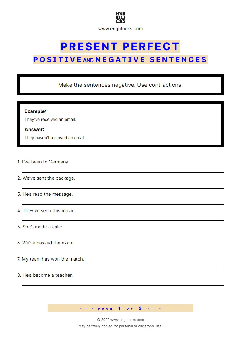 Present Perfect - Positive and negative sentences - Worksheet
