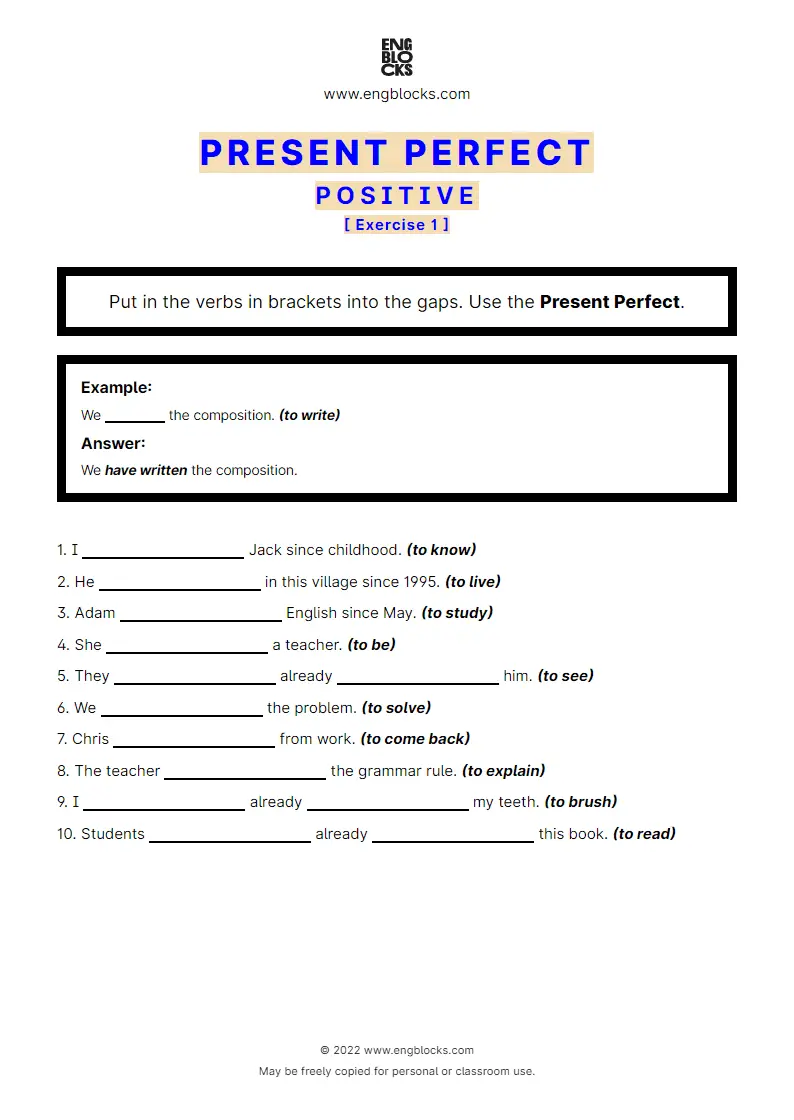 Grammar Worksheet: Present Perfect — Positive — Exercise 1