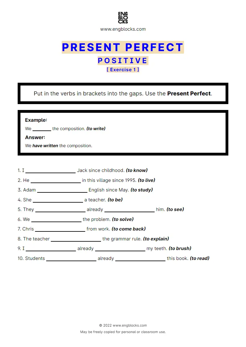 Grammar Worksheet: Present Perfect — Positive — Exercise 1