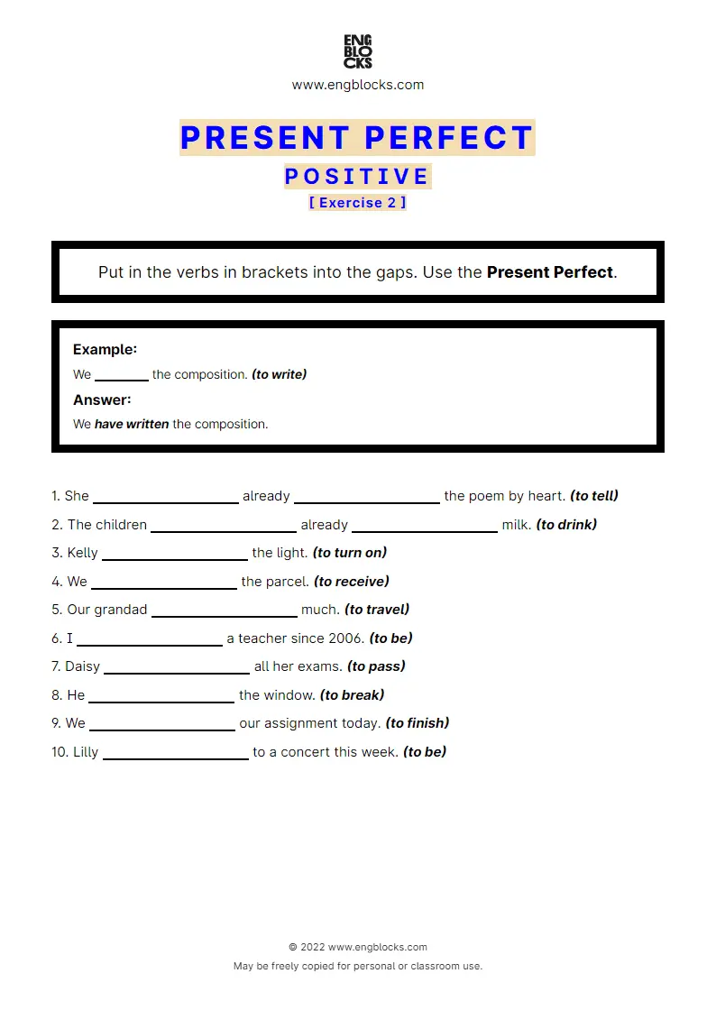 Grammar Worksheet: Present Perfect — Positive — Exercise 2