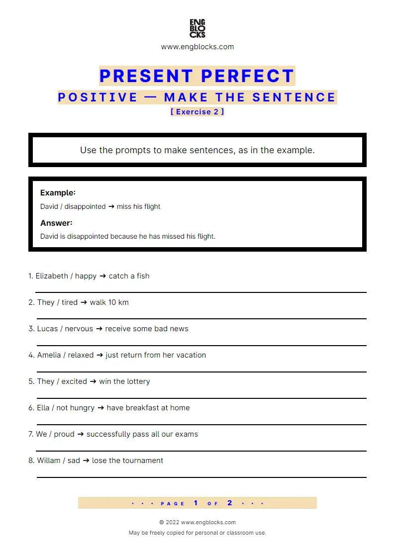 Grammar Worksheet: Present Perfect — Positive — Make the sentence — Exercise 2