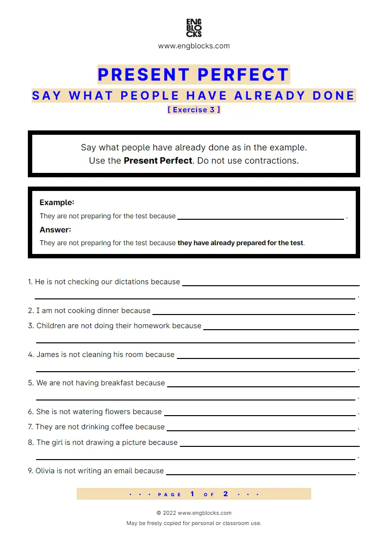 Grammar Worksheet: Present Perfect — Positive — Say what people have already done — Exercise 3