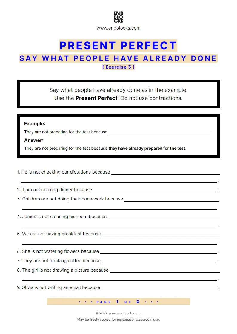 Grammar Worksheet: Present Perfect — Positive — Say what people have already done — Exercise 3