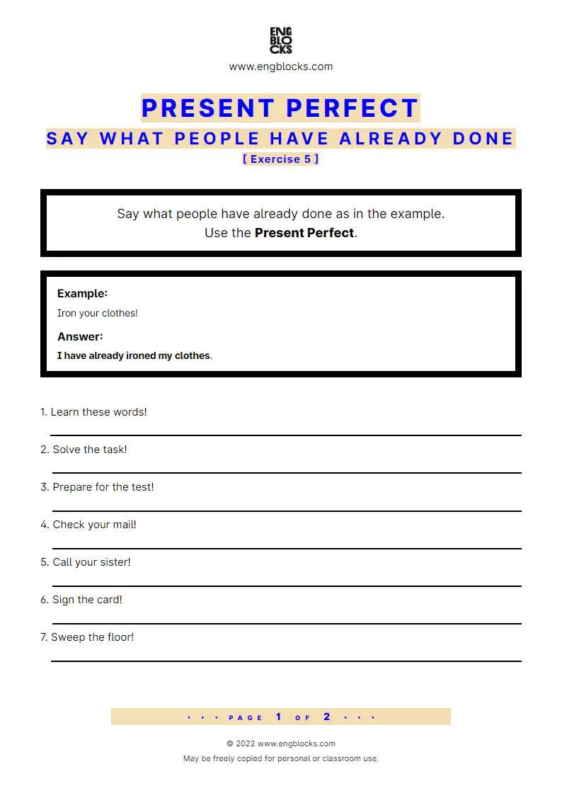 Grammar Worksheet: Present Perfect — Positive — Say what people have already done — Exercise 5