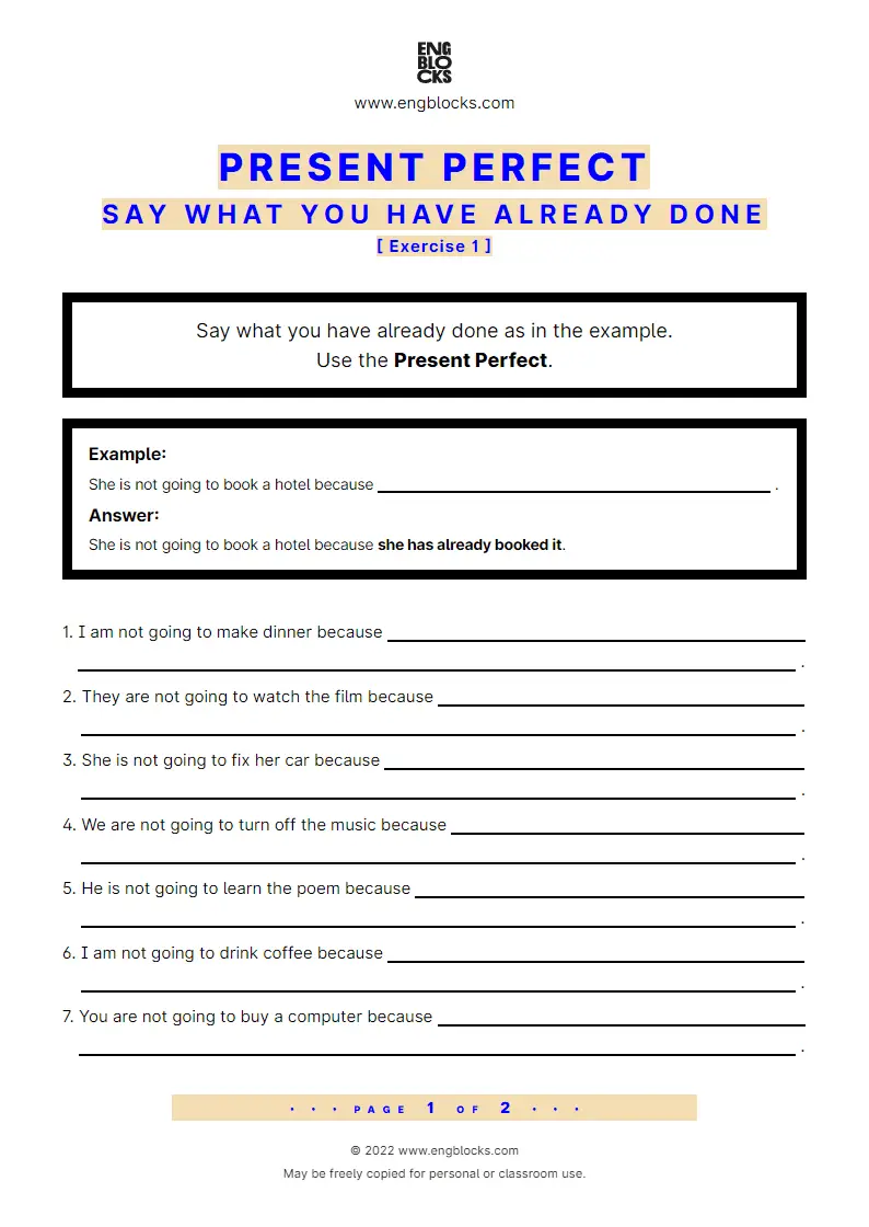 Grammar Worksheet: Present Perfect — Positive — Say what you have already done — Exercise 1