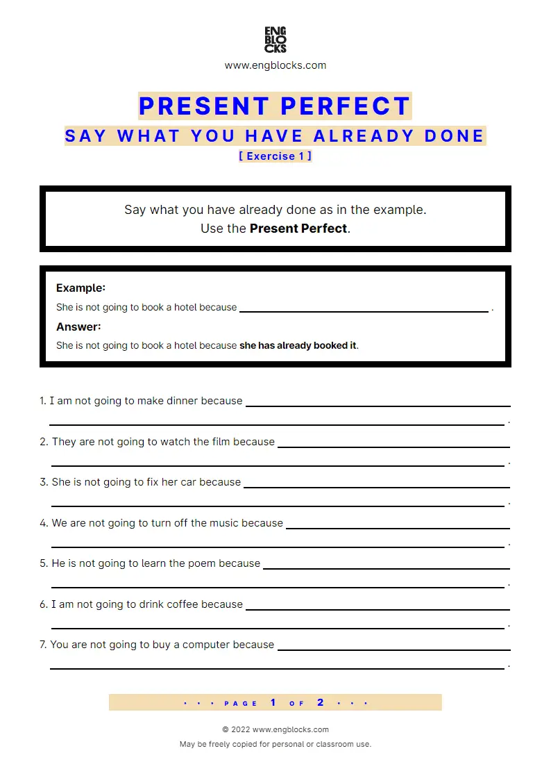 Grammar Worksheet: Present Perfect — Positive — Say what you have already done — Exercise 1