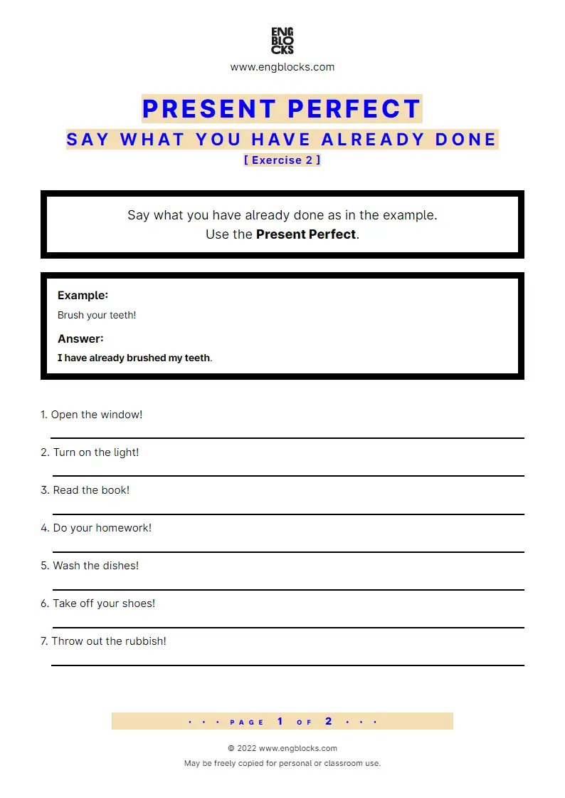 Grammar Worksheet: Present Perfect — Positive — Say what you have already done — Exercise 2